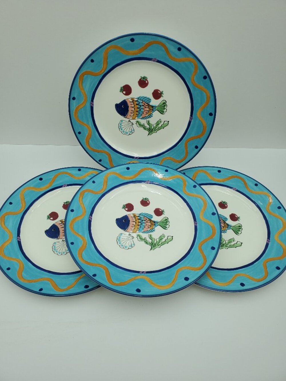 Mikasa Ocean Collage Dinner Plates Aqua Border Fish Center Dinner Plates